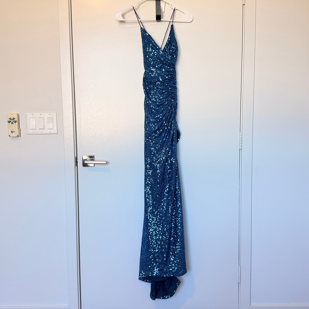 Teal Sequin Spaghetti Strap Evening Gown